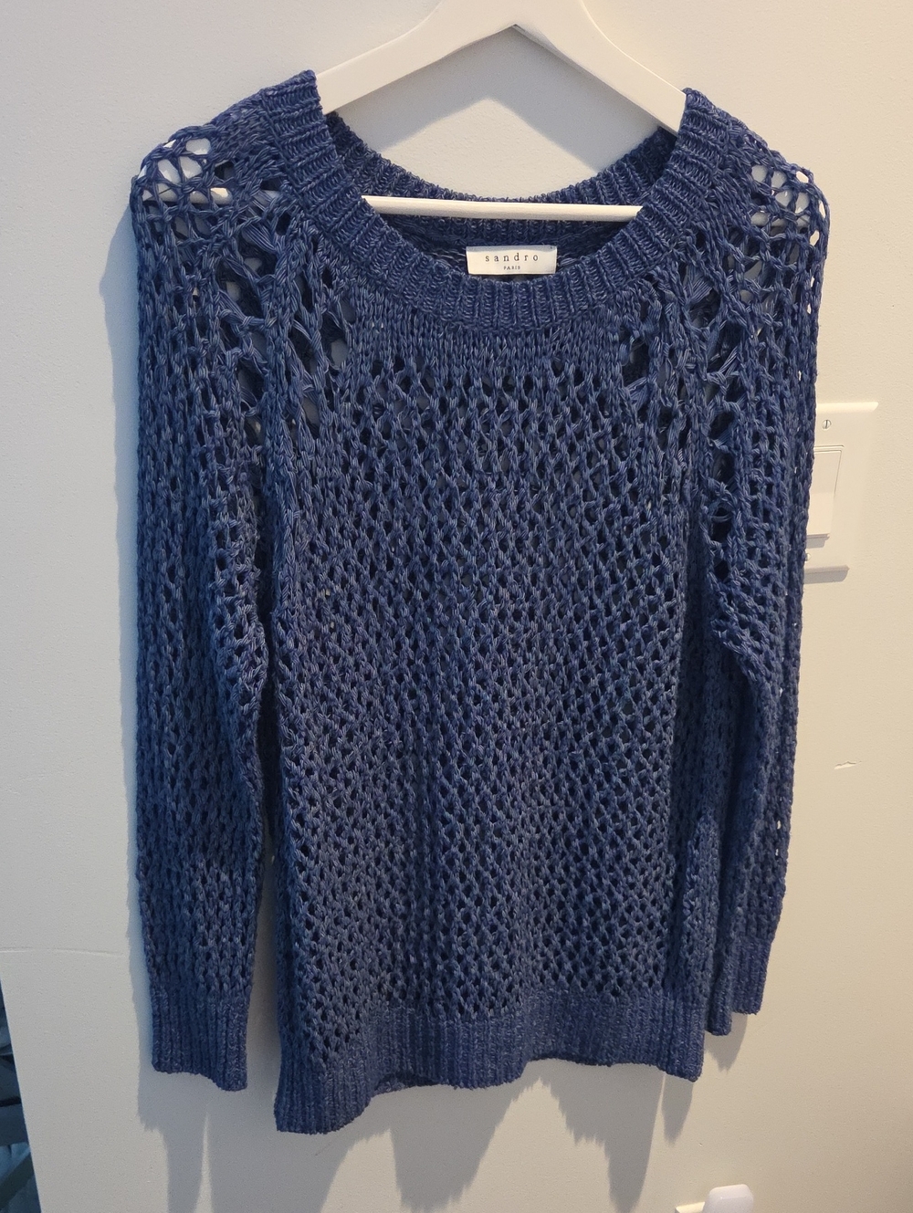 Sandro Navy Open-Knit Crewneck Sweater